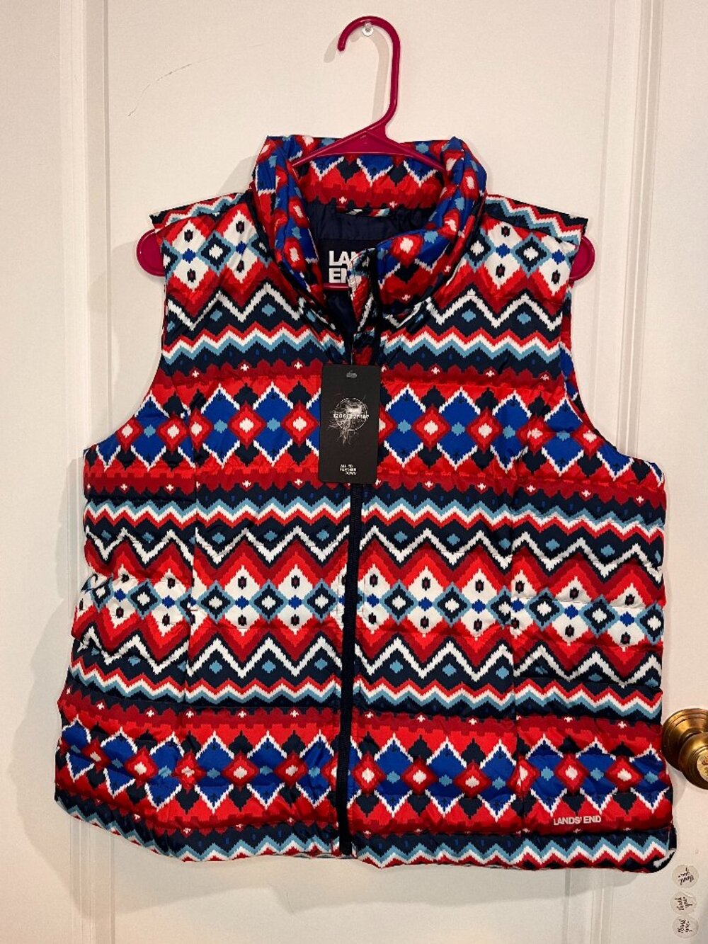 Lands End Down Puffer Vest Aztec Fair Isle 600 Fill Large 14-16